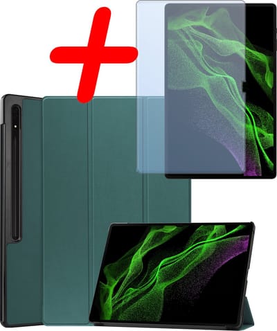 Hoesje Geschikt voor Samsung Galaxy Tab S10 Ultra Hoes Case Tablet Hoesje Tri-fold Met Uitsparing Geschikt voor S Pen Met Screenprotector - Hoes Geschikt voor Samsung Tab S10 Ultra Hoesje Hard Cover Bookcase Hoes - Donkergroen