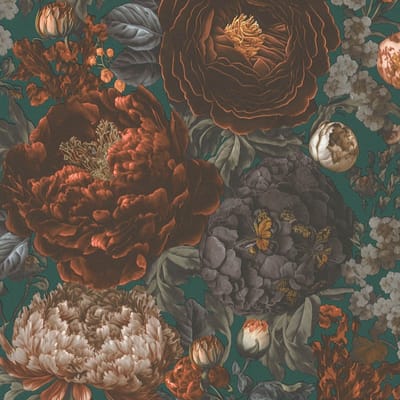Bloemen behang Profhome 399793-GU vliesbehang hardvinyl warmdruk in reliëf glad met bloemmotief mat groen bruin oranjegeel grijs 5,33 m2