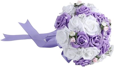 Kunstig Bruidsboeket - Decoratie Boeket - Bruiloft Versiering - Met Nepparels - 26 x 23 cm - Paars