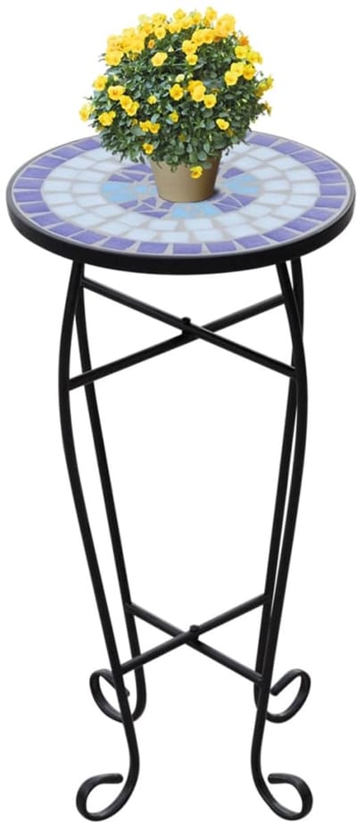 Mozaïek Bijzettafel - Plantentafel Rond - Ø 30 cm - Keramisch Tafelblad - Blauw & Wit - Decoratieve Bijzettafel voor Tuin, Balkon & Woonkamer - Hoogte 60 cm - Mediterrane Stijl