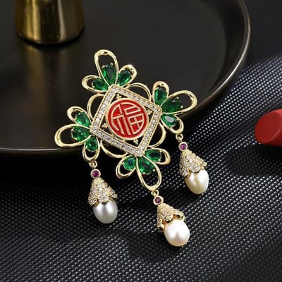Nieuwe Chinese Stijl Geluksteken Zoetwater Imitatie Parel Broche Met Micro Ingezette Zirkonia Borstbloem Accessoires black