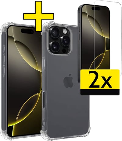 Hoesje - Met Screenprotector - 2 Stuks - Geschikt voor Apple iPhone 16 Pro - Sterk & Shockproof - Siliconen Case - Back Cover - Telefoon Hoes - Shock Proof - Telefoonhoesjes - Transparant