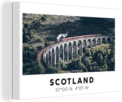 Canvas Schilderij Schotland - Trein - Vintage - Brug - 30x20 cm - Wanddecoratie