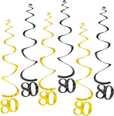 Q2Party - 80 Jaar Swirl - Slinger - Leeftijd - Versiering - Verjaardag - decoratie - Feest - Hangdecoratie - Goud/Zwart – 6 stuks