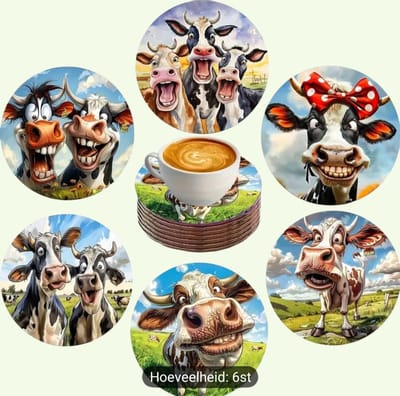 Onderzetters Koe - 6 stuks - Set van 6 - Onderzetters - Coasters - Houten onderzetters - Onderzetters voor glazen - Onderleggers voor glazen of Kopjes - Grappige teksten - Verjaardagscadeau - Moederdag - Vaderdag - Fun Cadeau