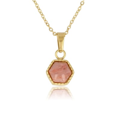 My Bendel - Ketting Goudkleurig met Zeshoek Rhodonite Edelsteen - Goudkleurige Ketting met Rhodonite Zeshoek Hanger - met Luxe Cadeauverpakking | Sieraden Voor Dames