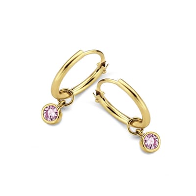 New Bling 9NBG-0613 Gouden Oorringen met Zirkonia Hangertje - 11x1,2mm - Roze - 3,5mm - 14 Karaat - Goud