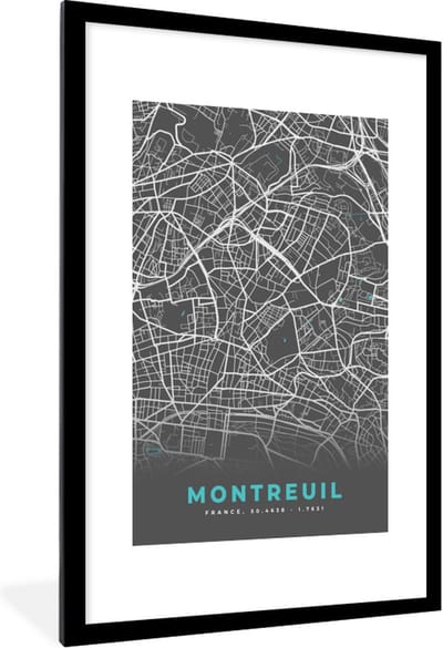 Fotolijst incl. Poster - Kaart - Plattegrond - Montreuil - Stadskaart - Frankrijk - 80x120 cm - Posterlijst