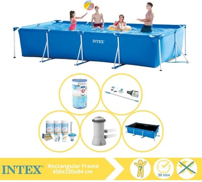 Intex Rechthoekig Frame Zwembad - 450 x 220 x 84 cm - Blauw - Inclusief Solarzeil - Onderhoudspakket - Zwembadfilterpomp - Filter - Stofzuiger - 6-delig