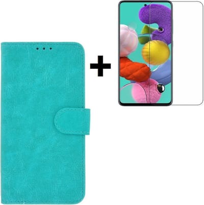 Geschikt voor Samsung Galaxy A71 / A71s Hoes Wallet Book Case Cover Pearlycase Turquoise + Screenprotector Tempered Gehard Glas