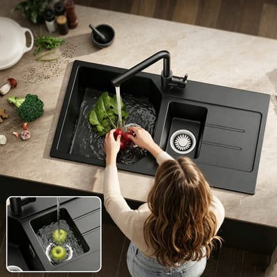 Anycee max Spoelbak voor keuken 86x45CM - Granieten Keuken - 1.5 Spoelbakken Keuken - Gootsteen Met Waterafvoersysteem - Wasbak Keuken - Krasvast en Hittebestendig - Zwart