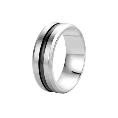 Lucardi Heren Ring met zwarte band - Ring - Vaderdag Cadeautje - Staal - Zilverkleurig