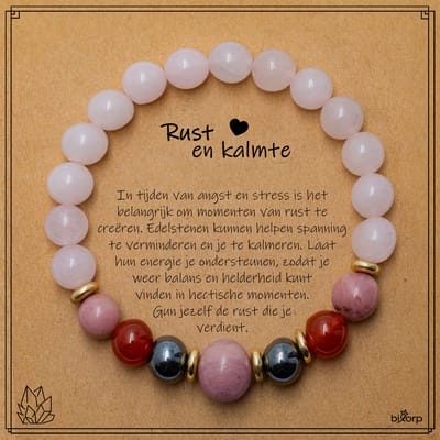 Bixorp Rozenkwarts + Carneool + Hematiet + Rhodoniet Armband op Cadeau Kaartje - Rust en Kalmte - 8mm / 18cm Edelsteen Kralenarmband - Inclusief Cadeau Envelop
