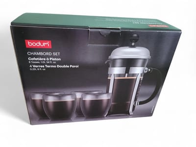 Luxe French press koffiezetapparaat - BODUM cafetière - 8 kopjes 1,0 l + 4 dubbelwandige PAVINA glazen 25 cl