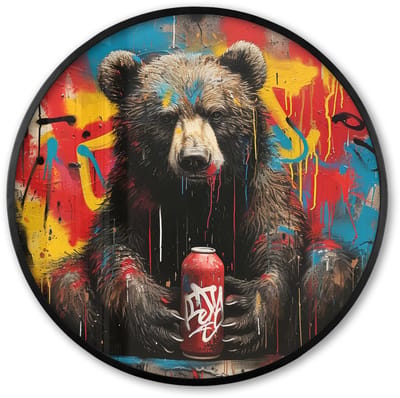 Poster in lijst Rond - Fotolijst 60x60 cm - Posters - Graffiti - Beer - Dier - Muur - Street art - Ronde posterlijst zwart - Decoratie - Wanddecoratie woonkamer - Muurdecoratie slaapkamer