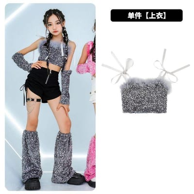 Roze Sequin Jazz Kostuum Meisjes Hip Hop Podium Outfit Zwart Wit Korte Broek Kind Glitters Modekleding Dansuit 120 gray