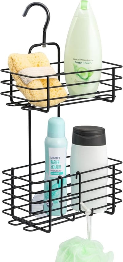 YOR® Doucherek aan Douchewand - Hangend Badkamerrek – Deurrek Met Mandjes – Doucheplank Met Haakjes – Ophangbaar Doucherek Zonder Boren - Zwart - 44cm x 27cm x 14cm