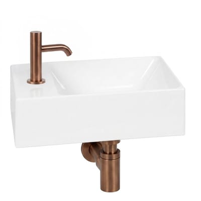 Ben Stelvio fonteinset glans wit keramiek Xtra glaze+ incl. geborsteld koperen kraan links