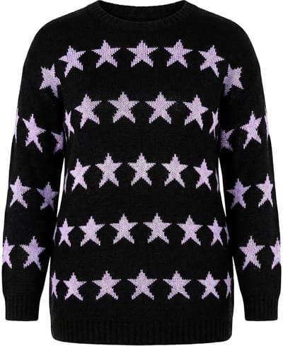 Angel of Style - Dames - Lange trui oversized sterren lange ballonmouwen - Zwart - Maat 42+