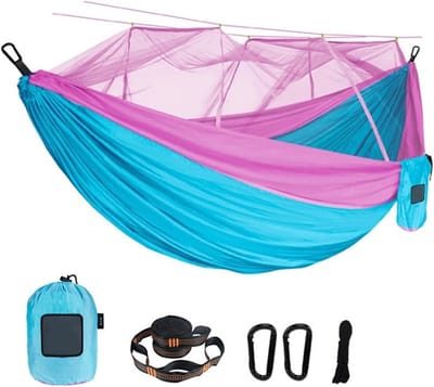 Draagbare Reishangmat - Buiten Bed - Ontspannen Buiten - Met Klamboe - Dubbel of Enkel - Blauw Roze