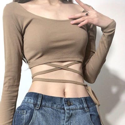 T-shirt sexy à manches longues pour femme, haut court et moulant, Y2k L kaki