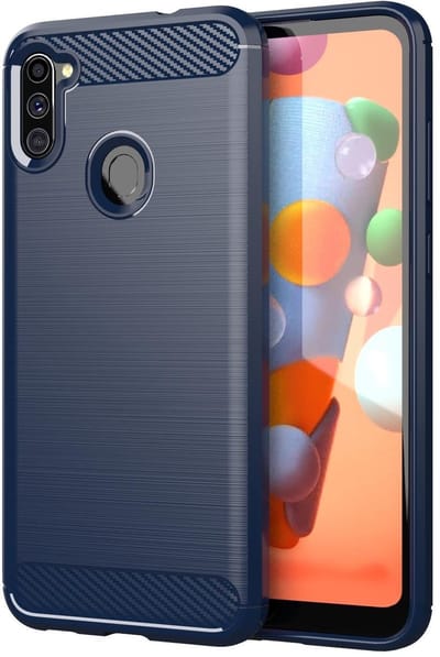 Cadorabo Hoesje geschikt voor Samsung Galaxy A11 / M11 in BRUSHED BLAUW - Beschermhoes van flexibel TPU siliconen in roestvrij staal-carbonvezel look Case Cover