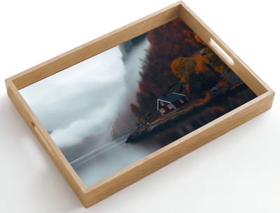 Dienblad hout 50x35 cm - Schootdienblad - Huis - Rood - Bergen - Water - Borrelplank rechthoek - Plateau dienbladen