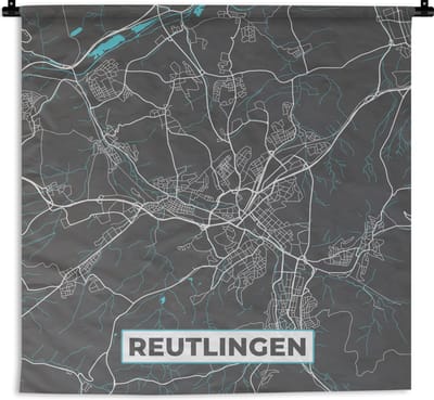 Wandkleed - Wanddoek - Plattegrond – Reutlingen – Blauw – Stadskaart – Kaart - Duitsland - 180x180 cm - Wandtapijt