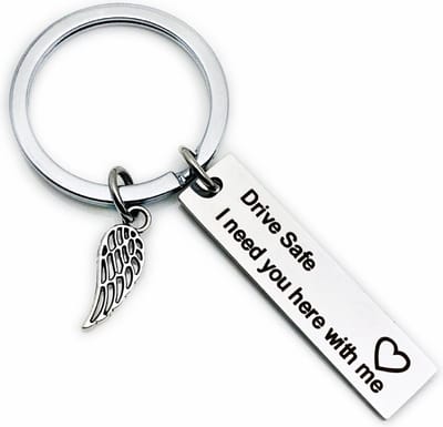 Fako Bijoux - Sleutelhanger Drive Safe, I Need You Here With Me - Vleugel - Sleutelring Tekst - Cadeau - Geschenk - Zilverkleurig