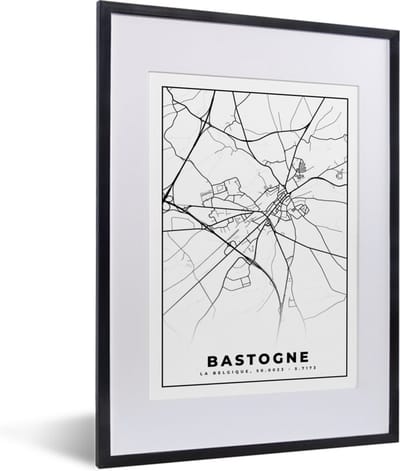 Fotolijst incl. Poster Zwart Wit- België – Bastogne – Stadskaart – Kaart – Zwart Wit – Plattegrond - 30x40 cm - Posterlijst