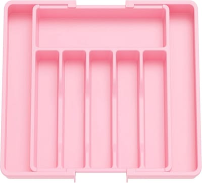 Famanu - Zilverwerk Organizer, Uitbreidbare Gebruiksvoorwerpen Tray voor Lade, Verstelbare Couvert en Bestek Houder, Compacte Plastic Lade Opbergruimte Lepels Vorken Messen, Groot,Roze