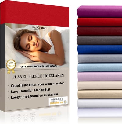Bed Couture  Flanel Fleece Hoeslaken - 100% Katoen Extra zacht en Warm - Lits-jumeaux - 180x200+30  Cm - Rood