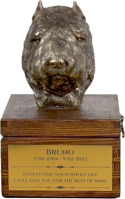 Bouvier des Flandres urn hond met beeldje voor hondenas, gepersonaliseerd