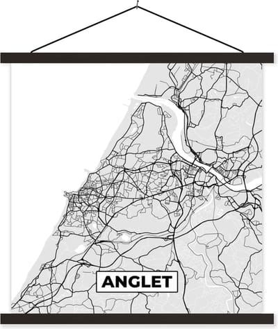 Posterhanger incl. Poster 60x60 cm - Schoolplaat - Kaart - Stadskaart - Anglet - Plattegrond - Frankrijk - Textielposter - Zwarte latten - Stadskaart