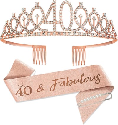 Verjaardag Tiara en Sjerp Set voor Vrouwen - Roze Gouden Kroon en Decoratie voor 40e Verjaardag