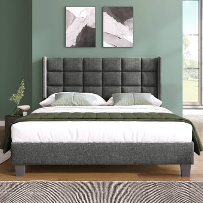 VVBV Gestoffeerd Tweepersoonsbed met Hoofdbord en Lattenbodem - 140x200 cm - Linnen - Grijs (Excl. Matras)