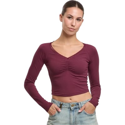 Urban Classics - Short Longsleeve Lace Longsleeve top - XXL - Bordeaux rood