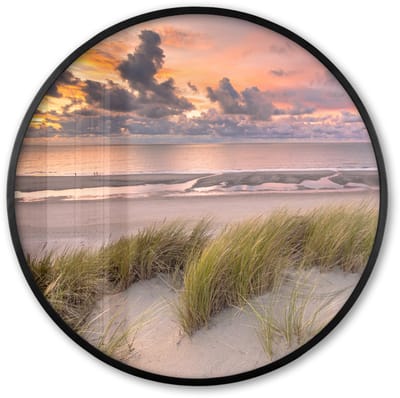 Poster in lijst Rond - Fotolijst 60x60 cm - Posters - Zonsondergang - Duin - Strand - Planten - Zee - Ronde posterlijst zwart - Decoratie - Wanddecoratie woonkamer - Muurdecoratie slaapkamer