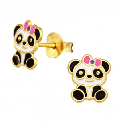 Zilveren oorbellen meisje - panda design - gold plated - roze strik
