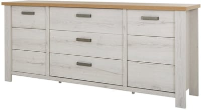 Belfurn - Dressoir Mano 220 cm – 2 deuren en 3 laden – Wit gekalkte houtstructuur met eik artisan bovenblad