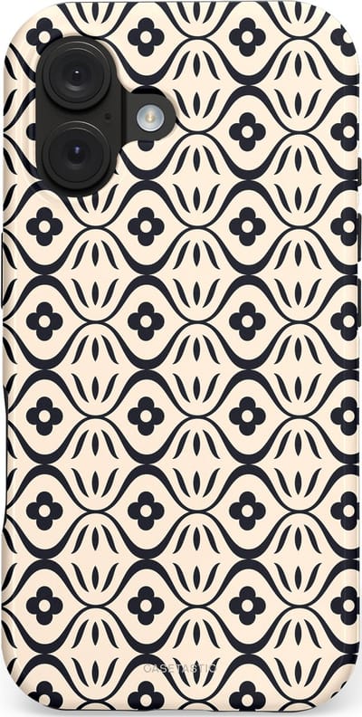 Casetastic hoesje geschikt voor Apple iPhone 16 - MagSafe - Dubbellaagse bescherming - Retro crème-zwarte bloemenprint - Fashion Case - Crème Grijs Donkergrijs