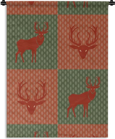 Wandkleed - Wanddoek - Patroon - Hert - Groen - Rood - 90x120 cm - Wandtapijt