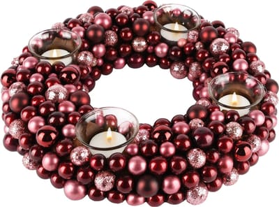 Dekoratief | Tafelstuk rond m/kerstballetjes, bordeau, pvc, 33x33x7cm | A245284