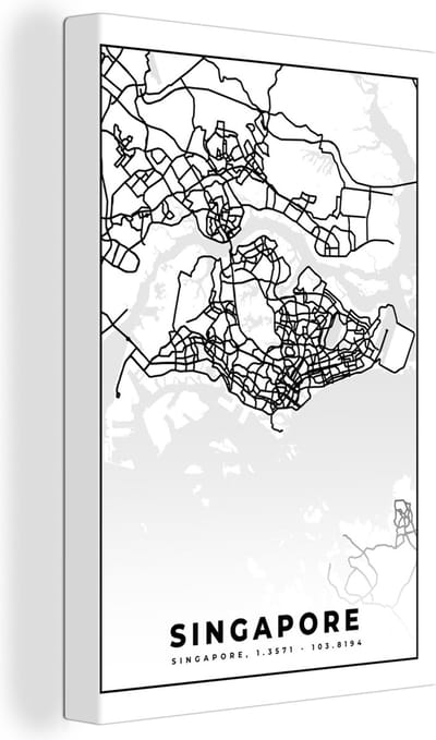 Canvas Schilderij Singapore - Plattegrond - Kaart - Stadskaart - Zwart Wit - 20x30 cm - Wanddecoratie