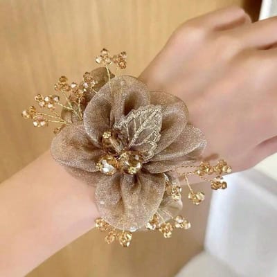 1 pièce Nouvel Élastique à Cheveux Design Floral et Feuille avec Strass, Accessoire de Cheveux Tendance avec une Sensation Élégante beige