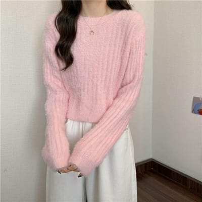 Pull Vison Printanier pour Femmes Automne et Hiver Court Épaissi Chaud Pull-over Ins Pulls L rose