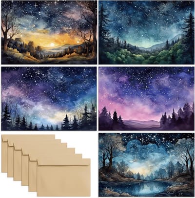 Blanco wenskaarten - Notitiekaarten Kaarten met envelop - Alle gelegenheden - Aquarel sterrenhemel ontwerp - 20 stuks - Multicolor