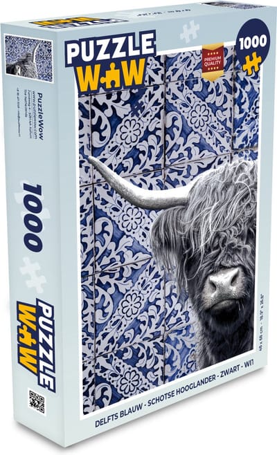 Puzzel Delfts blauw - Schotse hooglander - Zwart - Wit - Legpuzzel - Puzzel 1000 stukjes volwassenen