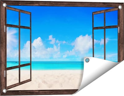 Gards Tuinposter Doorkijk Strand en Zee met Helder Witte Zand - 60x40 cm - Tuindoek - Tuindecoratie - Wanddecoratie buiten - Tuinschilderij