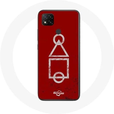 Xiaomi Redmi 9C hoesje Squid Game logo symbolen cirkel vierkante driehoek rode achtergrond rood